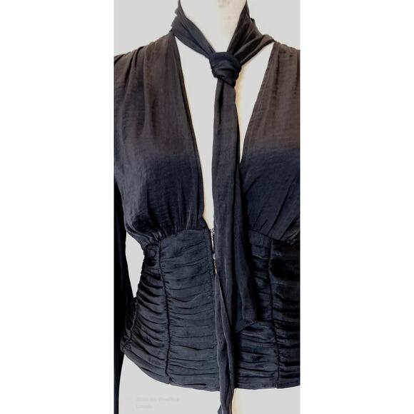 FREE PEOPLE (L)RUCHED, BUTTON FRONT, LONG BELL SLEEVES, NECK-TIE BLOUSE - Picture 6 of 13